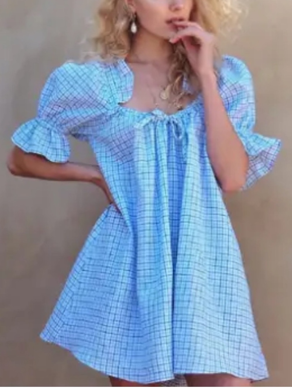 Stone Cold Fox Baby Mini Dress White Blue Plaid Puff Sleeves Babydoll 1 Small